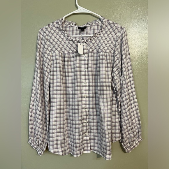 Talbots Womens Beige Plaid Long Sleeves Rayon Button Up Blouse Soft LP NWT - Picture 1 of 10